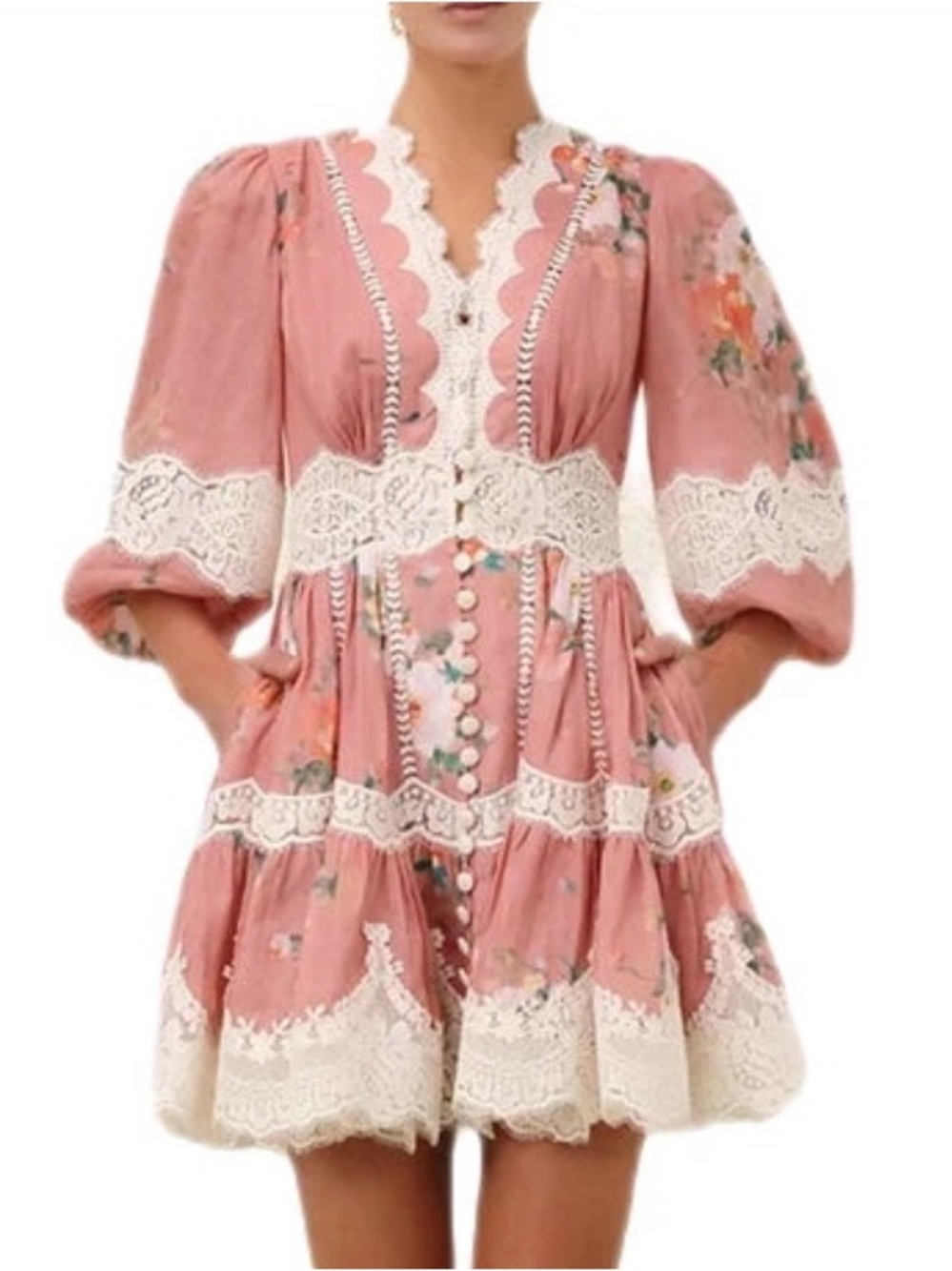 Zimmermann Everley Pink Lace Trim Mini Dress Size 3 Large